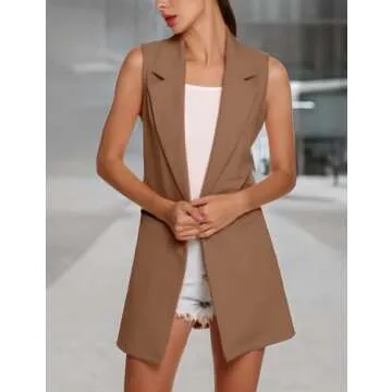 SCUSTY Black Cardigans Vests for Women Long Open Front Sleeveless Blazer Jackets(DarkKhaki-S)