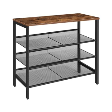 HOOBRO Industrial Shoe Rack, 4-Tier Shoe Shelf, Storage Organizer Unit with 3 Mesh Shelves, Wood Loo...