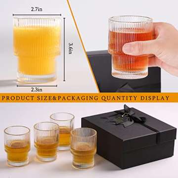 INNIOXV Origami Style Glass Cups Gift Pack, set of 4,Gift Box Drinking Glasses with Coffee Spoon,Ice Coffee Cups,Ripple Vintage Glassware, for Cocktail, Whisk