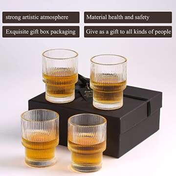 INNIOXV Origami Style Glass Cups Gift Pack, set of 4,Gift Box Drinking Glasses with Coffee Spoon,Ice Coffee Cups,Ripple Vintage Glassware, for Cocktail, Whisk