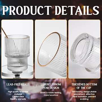 INNIOXV Origami Style Glass Cups Gift Pack, set of 4,Gift Box Drinking Glasses with Coffee Spoon,Ice Coffee Cups,Ripple Vintage Glassware, for Cocktail, Whisk