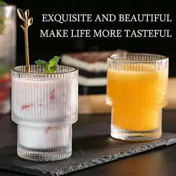 INNIOXV Origami Style Glass Cups Gift Pack, set of 4,Gift Box Drinking Glasses with Coffee Spoon,Ice Coffee Cups,Ripple Vintage Glassware, for Cocktail, Whisk