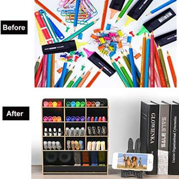 Marbrasse Wooden Pen Organizer, Multi-Functional DIY Pen Holder Box, Desktop Stationary, Easy Assembly, Home Office Art Supplies Organizer Storage with Drawer (B12-Black)