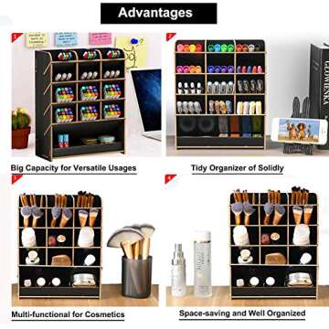 Marbrasse Wooden Pen Organizer, Multi-Functional DIY Pen Holder Box, Desktop Stationary, Easy Assembly, Home Office Art Supplies Organizer Storage with Drawer (B12-Black)