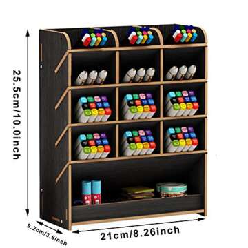 Marbrasse Wooden Pen Organizer, Multi-Functional DIY Pen Holder Box, Desktop Stationary, Easy Assembly, Home Office Art Supplies Organizer Storage with Drawer (B12-Black)