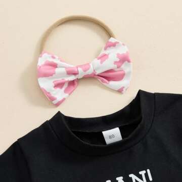 Xiaodriceee First Birthday Outfit Girl Black Short Sleeve Tassel Hem Tops Cow Print Shorts Bell Bott...