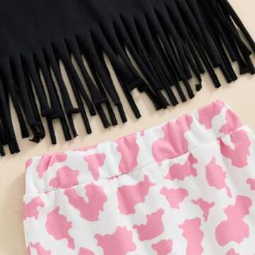Xiaodriceee First Birthday Outfit Girl Black Short Sleeve Tassel Hem Tops Cow Print Shorts Bell Bottoms Infant Western Summer Clothes (A-Pink, 12-18 Months)