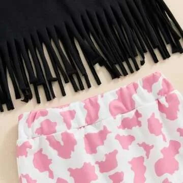 Xiaodriceee First Birthday Outfit Girl Black Short Sleeve Tassel Hem Tops Cow Print Shorts Bell Bottoms Infant Western Summer Clothes (A-Pink, 12-18 Months)