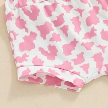 Xiaodriceee First Birthday Outfit Girl Black Short Sleeve Tassel Hem Tops Cow Print Shorts Bell Bottoms Infant Western Summer Clothes (A-Pink, 12-18 Months)
