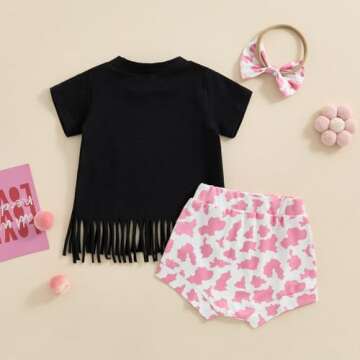 Xiaodriceee First Birthday Outfit Girl Black Short Sleeve Tassel Hem Tops Cow Print Shorts Bell Bottoms Infant Western Summer Clothes (A-Pink, 12-18 Months)