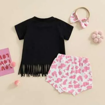 Xiaodriceee First Birthday Outfit Girl Black Short Sleeve Tassel Hem Tops Cow Print Shorts Bell Bottoms Infant Western Summer Clothes (A-Pink, 12-18 Months)