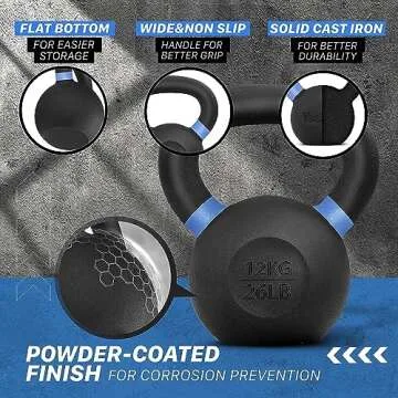 Yes4All 12kg/26lbs Cast Iron Kettlebell, Powder Coated with Wide Handle & Flat Bottom - For Strength Training & Cross-Training