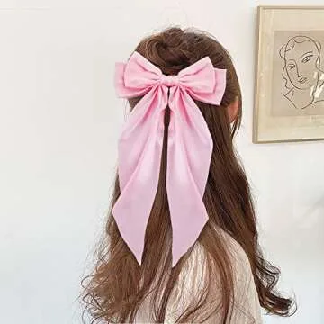 Ambesi Hair Clips, 2pcs Big Bow Hair Barrettes with Long Tail, French Hair Bows for Women Girl, Satin Silky Bow Hair Accessories, Black Light Pink, for Birthday/Party/Show/Christmas