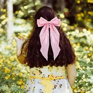 Ambesi Hair Clips, 2pcs Big Bow Hair Barrettes with Long Tail, French Hair Bows for Women Girl, Satin Silky Bow Hair Accessories, Black Light Pink, for Birthday/Party/Show/Christmas