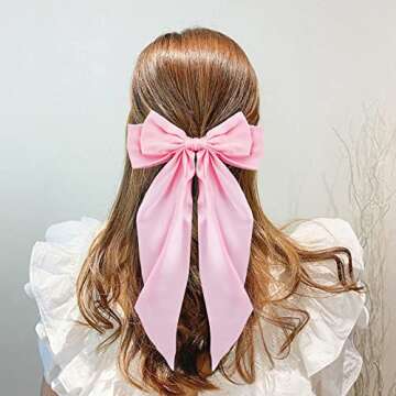 Ambesi Hair Clips, 2pcs Big Bow Hair Barrettes with Long Tail, French Hair Bows for Women Girl, Satin Silky Bow Hair Accessories, Black Light Pink, for Birthday/Party/Show/Christmas