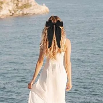 Ambesi Hair Clips, 2pcs Big Bow Hair Barrettes with Long Tail, French Hair Bows for Women Girl, Satin Silky Bow Hair Accessories, Black Light Pink, for Birthday/Party/Show/Christmas