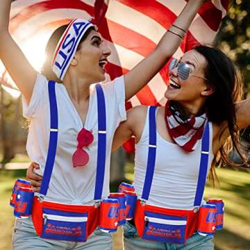 Sweetude America Flag USA 4th of July Fanny Pack Patriotic Beverage Beer Belt Costume Set Outfit Accessories with Drink Holder Sunglasses Striped Sweatband