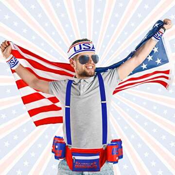 Sweetude America Flag USA 4th of July Fanny Pack Patriotic Beverage Beer Belt Costume Set Outfit Accessories with Drink Holder Sunglasses Striped Sweatband