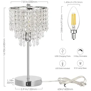 Touch Control Crystal Table Lamp with USB Charging Ports
