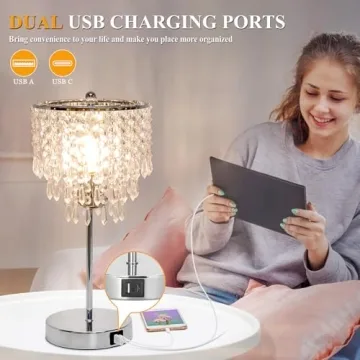 Touch Control Crystal Table Lamp with USB Charging Ports