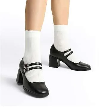 DREAM PAIRS Women's Closed Square Toe Low Chunky Heels Pumps Mary Jane Dressy Shoes for Girls, SDPU2369W, Size 7.5 Black-PU