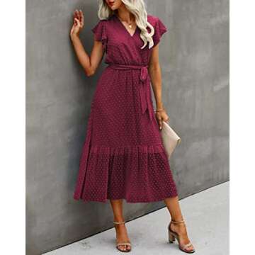 BTFBM Women Summer Bohemian Floral Casual Wrap V Neck Ruffle Cap Sleeveless Belt A-Line Pleated Hem Swing Midi Sun Dress (Swiss Dot Wine Red, X-Large)