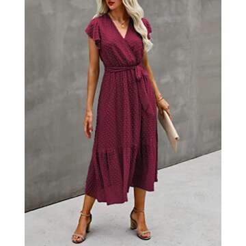 BTFBM Women Summer Bohemian Floral Casual Wrap V Neck Ruffle Cap Sleeveless Belt A-Line Pleated Hem Swing Midi Sun Dress (Swiss Dot Wine Red, X-Large)