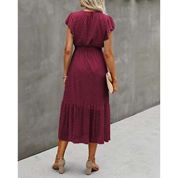 BTFBM Women Summer Bohemian Floral Casual Wrap V Neck Ruffle Cap Sleeveless Belt A-Line Pleated Hem Swing Midi Sun Dress (Swiss Dot Wine Red, X-Large)