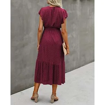BTFBM Women Summer Bohemian Floral Casual Wrap V Neck Ruffle Cap Sleeveless Belt A-Line Pleated Hem Swing Midi Sun Dress (Swiss Dot Wine Red, X-Large)
