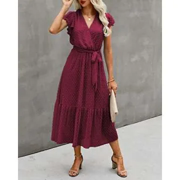 BTFBM Women Summer Bohemian Floral Casual Wrap V Neck Ruffle Cap Sleeveless Belt A-Line Pleated Hem Swing Midi Sun Dress (Swiss Dot Wine Red, X-Large)