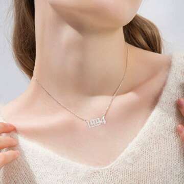 Birth Year Necklace Pendant for Women Girl Silver Plated Friendship Old English Number Birthdate Nec...