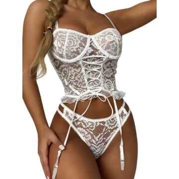 SOLY HUX Sexy Lingerie Sets for Women - Floral Lace Mesh Sheer Underwire Bra & Panty