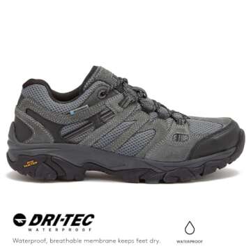 HI-TEC Ravus WP Low Waterproof Hiking Shoes for Men, Lightweight Breathable Outdoor Trekking and Trail Shoes - Dark Grey, 8.5 Medium