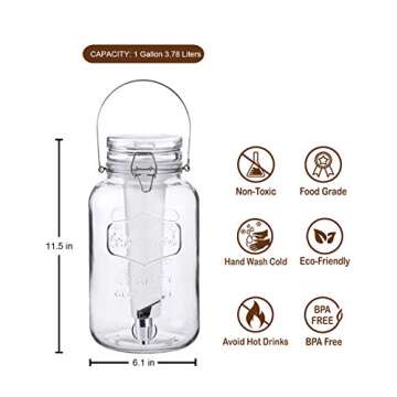 Emica Home 1 Gallon Cold Drink Glass Beverage Dispenser with Ice Infuser, Clear Bail & Trigger with ...