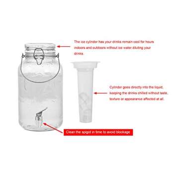 Emica Home 1 Gallon Cold Drink Glass Beverage Dispenser with Ice Infuser, Clear Bail & Trigger with Locking Clamp Drink Dispenser with Easy Flow Spigot for Outdoor, Parties and Daily Use