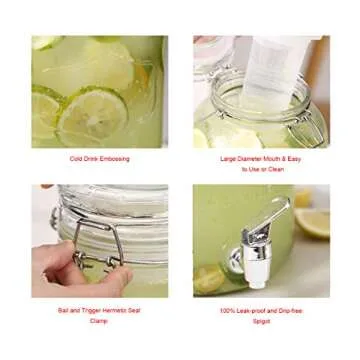 Emica Home 1 Gallon Cold Drink Glass Beverage Dispenser with Ice Infuser, Clear Bail & Trigger with Locking Clamp Drink Dispenser with Easy Flow Spigot for Outdoor, Parties and Daily Use