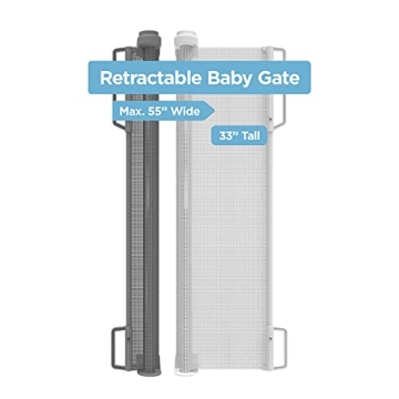 Retractable Baby Gate Perma Child Safety 33" Tall x 55” Wide, Mesh, for Stairs, Doorways, Dogs, Pets, Indoor, Outdoor, One-Handed Operation, Locking, Easy Install, Hardware Mount, Gray