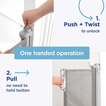 Retractable Baby Gate Perma Child Safety 33" Tall x 55” Wide, Mesh, for Stairs, Doorways, Dogs, Pets, Indoor, Outdoor, One-Handed Operation, Locking, Easy Install, Hardware Mount, Gray