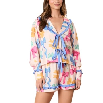 Fenghualzzniya Women Cute Pajamas Bow Long Sleeve Shirt Tops Ruffle Shorts Love Heart Print 2 Piece ...