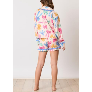 Fenghualzzniya Women Cute Pajamas Bow Long Sleeve Shirt Tops Ruffle Shorts Love Heart Print 2 Piece Pjs Sets Valentine's Day Gift, Bowknot Blue, Small