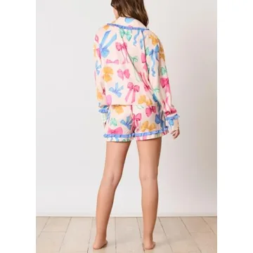 Fenghualzzniya Women Cute Pajamas Bow Long Sleeve Shirt Tops Ruffle Shorts Love Heart Print 2 Piece Pjs Sets Valentine's Day Gift, Bowknot Blue, Small