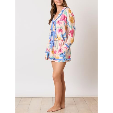 Fenghualzzniya Women Cute Pajamas Bow Long Sleeve Shirt Tops Ruffle Shorts Love Heart Print 2 Piece Pjs Sets Valentine's Day Gift, Bowknot Blue, Small