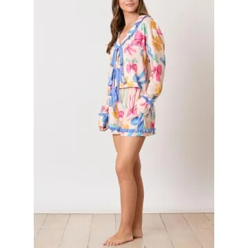 Fenghualzzniya Women Cute Pajamas Bow Long Sleeve Shirt Tops Ruffle Shorts Love Heart Print 2 Piece Pjs Sets Valentine's Day Gift, Bowknot Blue, Small