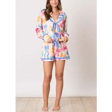 Fenghualzzniya Women Cute Pajamas Bow Long Sleeve Shirt Tops Ruffle Shorts Love Heart Print 2 Piece Pjs Sets Valentine's Day Gift, Bowknot Blue, Small