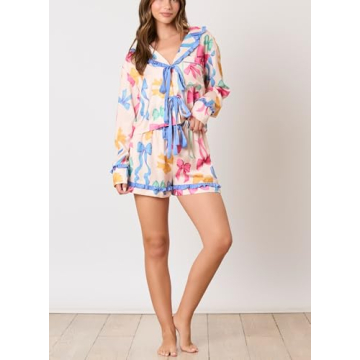 Fenghualzzniya Women Cute Pajamas Bow Long Sleeve Shirt Tops Ruffle Shorts Love Heart Print 2 Piece Pjs Sets Valentine's Day Gift, Bowknot Blue, Small