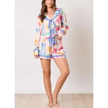 Fenghualzzniya Women Cute Pajamas Bow Long Sleeve Shirt Tops Ruffle Shorts Love Heart Print 2 Piece Pjs Sets Valentine's Day Gift, Bowknot Blue, Small