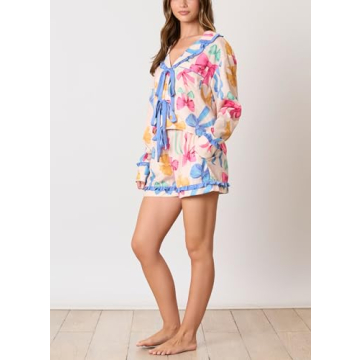 Fenghualzzniya Women Cute Pajamas Bow Long Sleeve Shirt Tops Ruffle Shorts Love Heart Print 2 Piece Pjs Sets Valentine's Day Gift, Bowknot Blue, Small