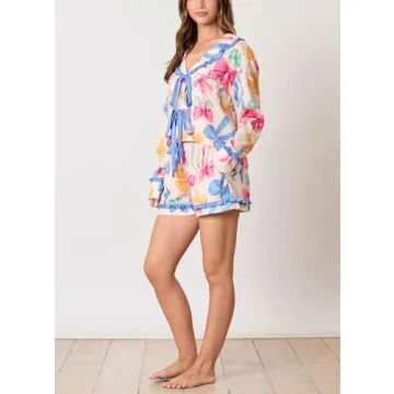 Fenghualzzniya Women Cute Pajamas Bow Long Sleeve Shirt Tops Ruffle Shorts Love Heart Print 2 Piece Pjs Sets Valentine's Day Gift, Bowknot Blue, Small