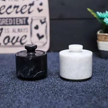 Marble Hives Marble Salt Cellar With Lid- Pack Of 2 Marble Salt And Pepper Bowls- Salt Holder With Lid To Put Salt, Paprika, Pepper, And Spice (Sunny Grey & Black) (White & Black, Style 01)
