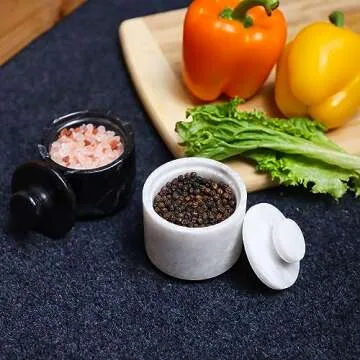 Marble Hives Marble Salt Cellar With Lid- Pack Of 2 Marble Salt And Pepper Bowls- Salt Holder With Lid To Put Salt, Paprika, Pepper, And Spice (Sunny Grey & Black) (White & Black, Style 01)